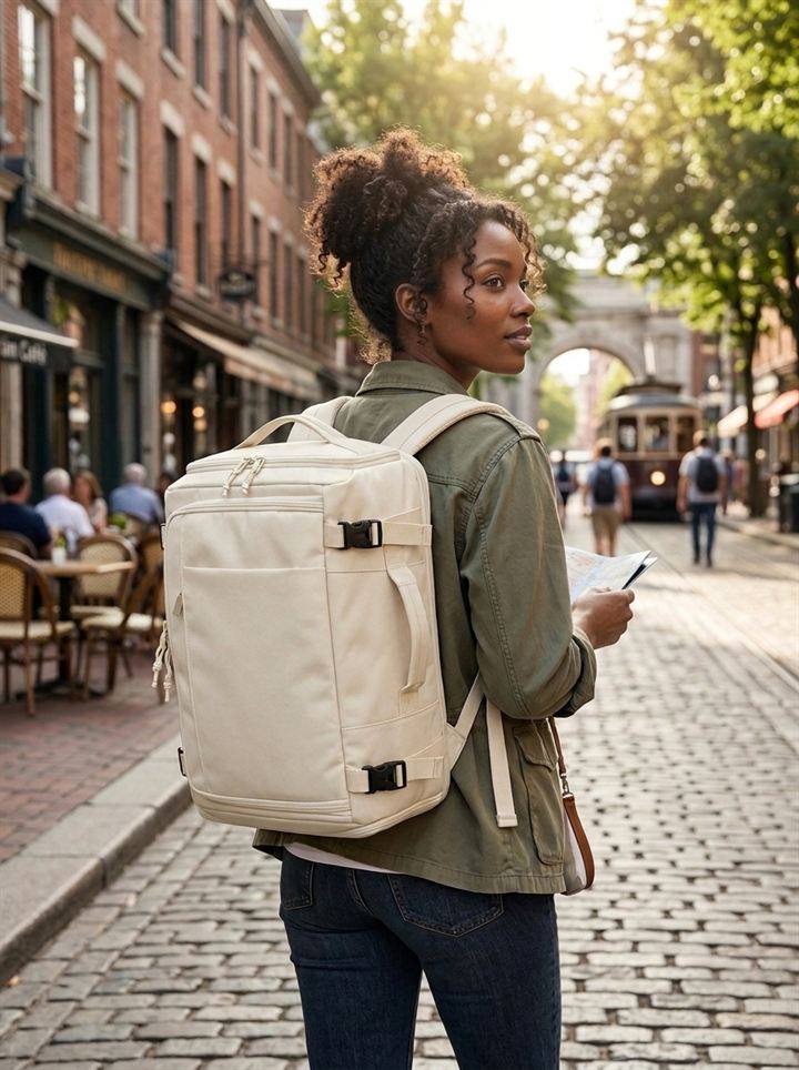 Woman exploring the city wearing the cream travel backpack