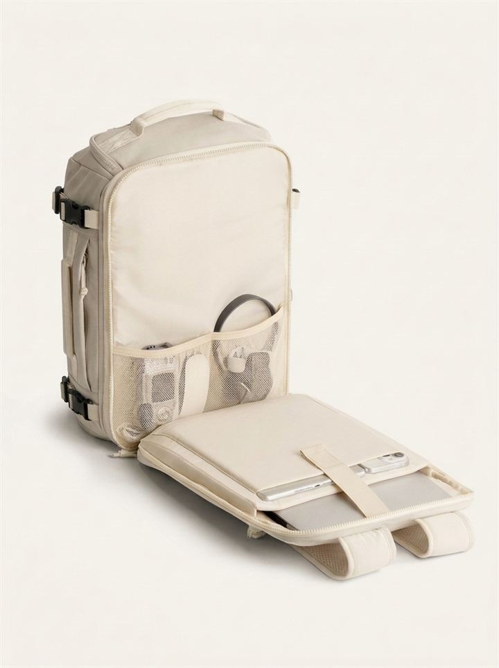Laptop compartment opened flat with mesh organiser pockets