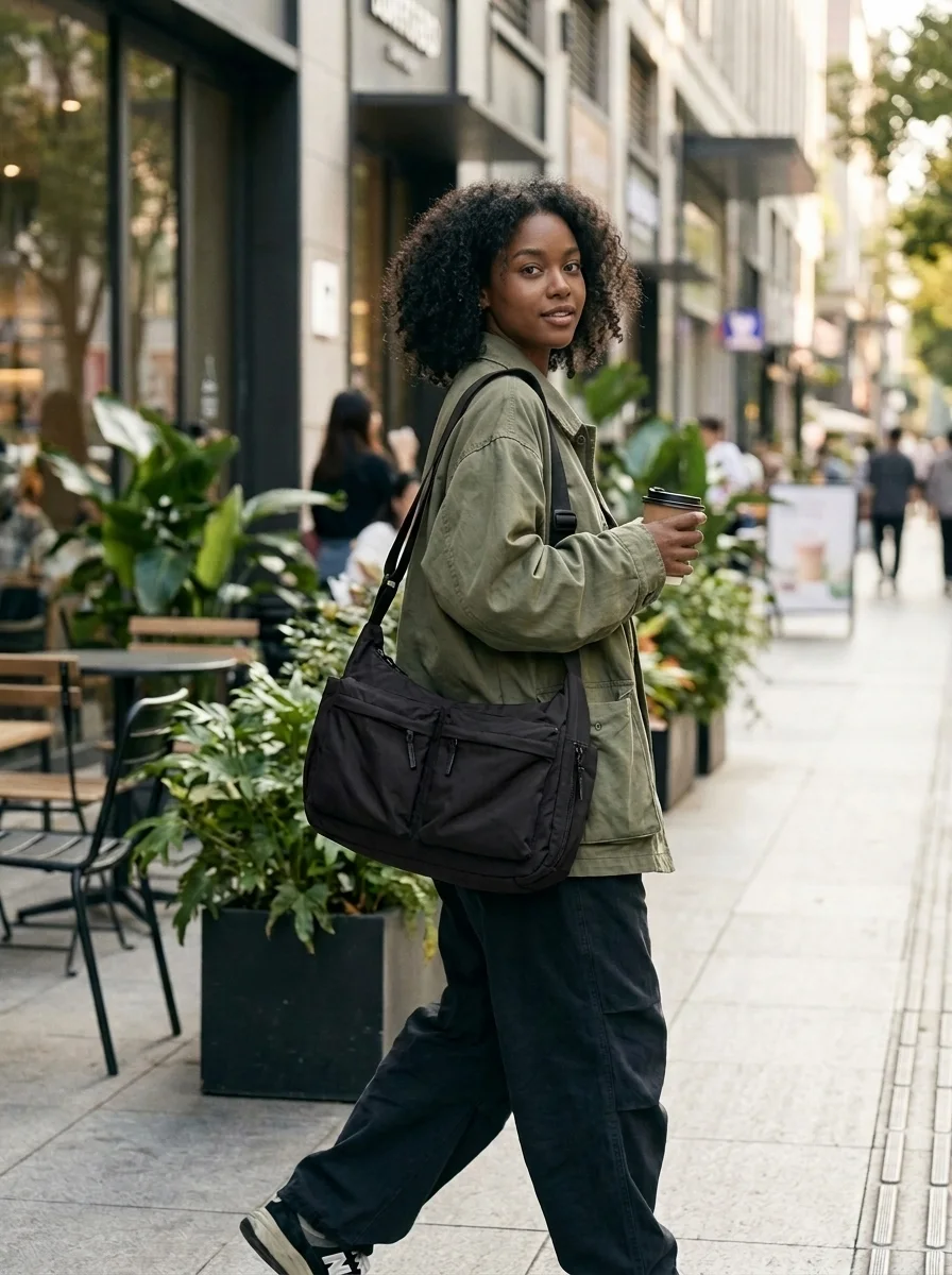Woman wearing the crossbody bag on her shoulder