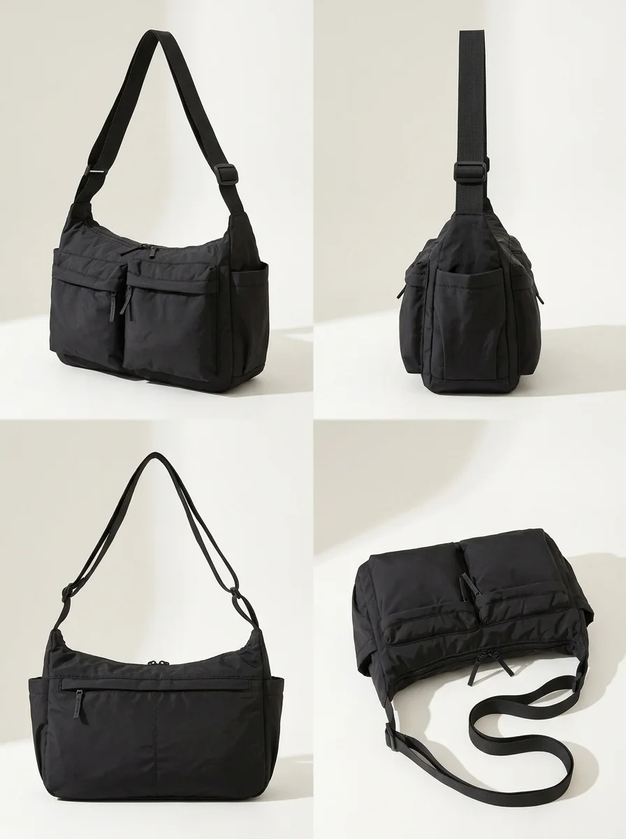 Crossbody bag shown from four angles