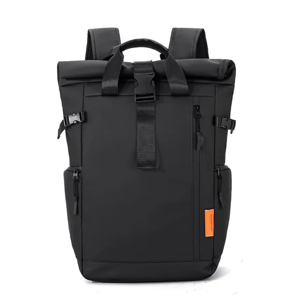 Black rolltop travel backpack