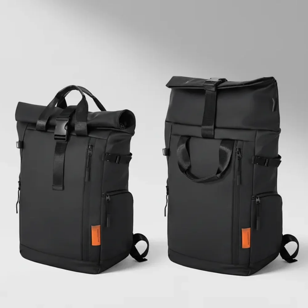 Rolltop backpack front view and side view
