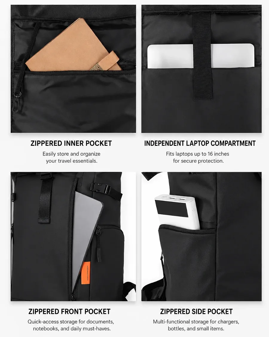 Zippered inner pocket, laptop compartment up to 16 inches, front pocket and side pocket